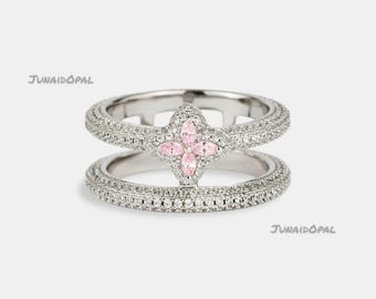 Conjunto de anillos de moissanita con forma de flor rosa: alianza de boda apilable de plata de ley 925.