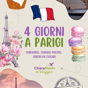 Könnte beinhalten: Eine Grafik zum Thema Reisen mit Illustrationen von Pariser Wahrzeichen, darunter der Eiffelturm und die Louvre-Pyramide. Das Bild zeigt eine französische Flagge, Macarons und Text auf Italienisch: "4 GIORNI A PARIGI". Ein Stempel lautet "PARIS FRANCE".