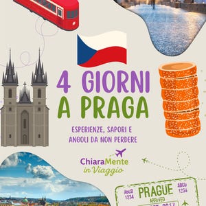 Pode incluir: Gráfico com tema de viagem com um bonde vermelho, a bandeira tcheca, marcos de Praga e uma pilha de doces. O texto diz "4 GIORNI A PRAGA" e "ChiaraMente in Viaggio". Um selo de Praga também está incluído.
