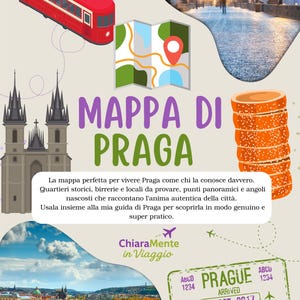 Può includere: Illustrazione di una guida turistica di Praga, Repubblica Ceca, con un tram rosso, una mappa e viste della città. Il testo recita "MAPPA DI PRAGA" e "PRAGUE ARRIVED 16 OCT 2017".