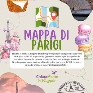 Può includere: Una grafica a tema viaggio con illustrazioni di Parigi, tra cui la Torre Eiffel, la Piramide del Louvre e macarons. Sono presenti anche una mappa, un cestino di baguette e un timbro vintage. Il testo recita "MAPPA DI PARIGI."