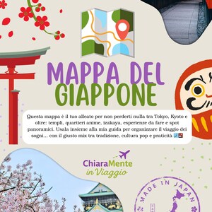 Può includere: Grafica a tema viaggio con il testo "MAPPA DEL GIAPPONE" in viola e verde. L'immagine include una mappa, monumenti giapponesi, fiori di ciliegio e un timbro "Made in Japan".