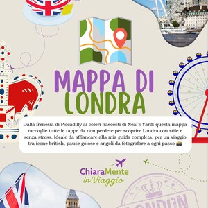Può includere: Grafica a tema viaggio con la scritta "MAPPA DI LONDRA" e illustrazioni di monumenti londinesi, una mappa e una tazza da tè con un disegno Union Jack.