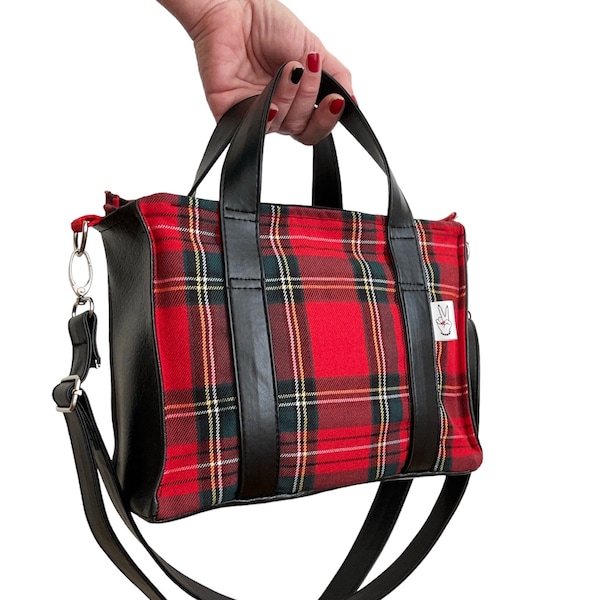 Mini Tote Bag London Tartan rouge Kilt Modèle Unique Sac à main Rock Sac Bandoulière Petit Sac à Main Fourre Tout Sac à Fermeture éclair