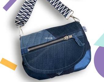 Sac Besace - Upcycling Jeans Simili cuir Bleu Métallisé Anse Ethnique Modèle Unique Fait Main