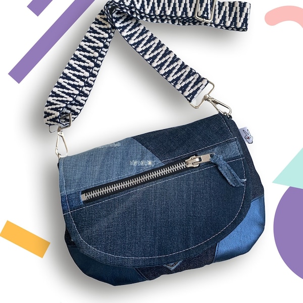 Borsa a tracolla - Upcycling Jeans Blu metallizzato Finta pelle Manico etnico Modello unico fatto a mano