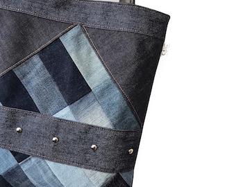 Sac Fourre Tout Tote Bag - Upcycling Jeans Patchwork Géométrique Rivet Rock Anse Simili Cuir Denim Bag Fait Main Modèle Unique