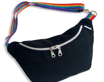 Schwarze Cord-Gürteltasche, Regenbogengriff, Doppelschieberverschluss, einzigartiges Modell