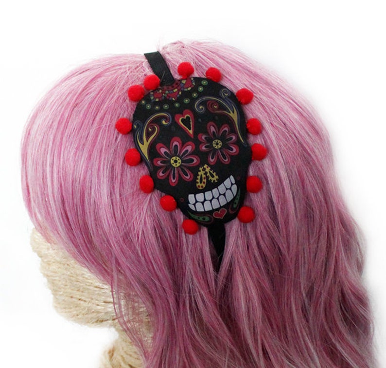 Mexican Skull And Red Pompons Headband Rock Hair Sugar Skull Etsy