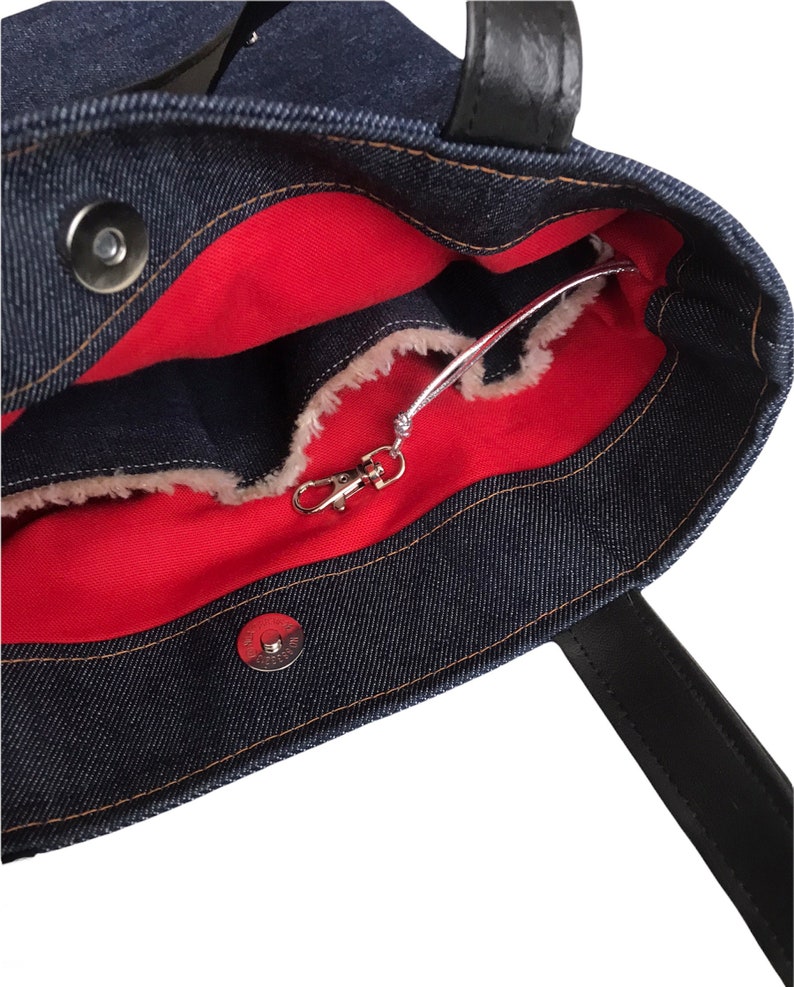Sac Fourre Tout Tote Bag Upcycling Jeans Patchwork Géométrique Rivet Rock Anse Simili Cuir Denim Bag Fait Main Modèle Unique image 5