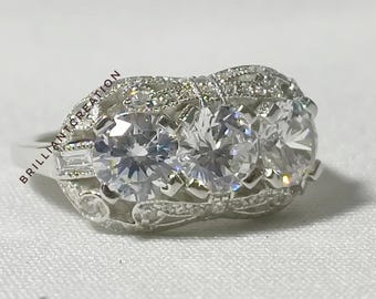 Vintage Art Deco Moissanite Engagement Ring: Two-Tone Gold, Sterling Silver