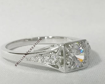 Art Deco Moissanite Engagement Ring: Two-Tone Sterling Silver Bridal Jewelry