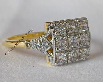 Moissanite Cluster Ring: Two-Tone Gold Art Deco 9-Stone Design