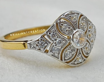 Victorian Style Filigree Engagement Ring: Two Tone Gold Art Deco