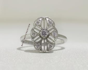 Vintage Floral Art Deco Engagement Ring, Sterling Silver Cluster Bridal Ring