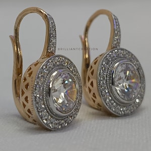 Vintage Style Moissanite Leverback Earrings: Round Halo, 14k Rose Gold