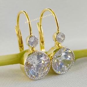 Moissanite Leverback Drop Earrings: 14k Gold Dangles, Vintage Style