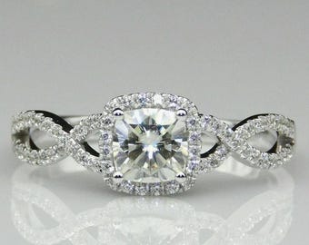 Cushion Cut Halo Engagement Ring: Sterling Silver Twisted Band