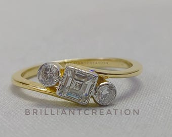 Asscher Cut Moissanite Three Stone Ring: Vintage Style Engagement, Yellow Gold