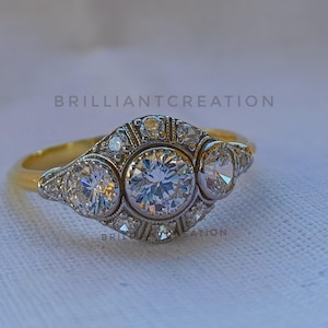 Moissanite Engagement Ring: Art Deco Two-Tone Gold, Vintage Style