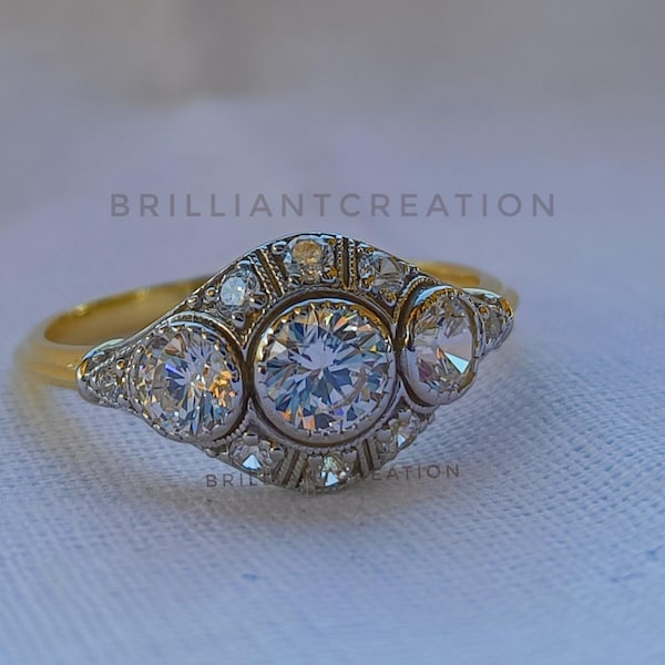 Moissanite Engagement Ring: Art Deco Two-Tone Gold, Vintage Style