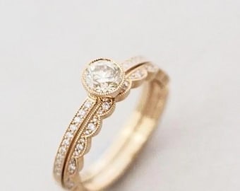 Vintage Art Deco Diamond Engagement Ring Set: 14K Gold Bridal Wedding Band