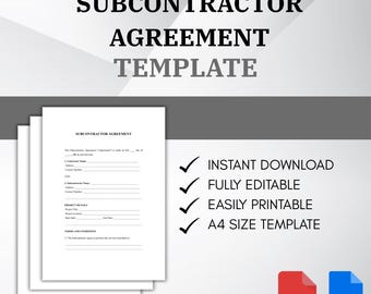 May include: A set of white paper documents with the text "SUBCONTRACTOR AGREEMENT TEMPLATE". The image also includes the text "INSTANT DOWNLOAD", "FULLY EDITABLE", "EASILY PRINTABLE", and "A4 SIZE TEMPLATE". There are PDF and DOC icons.