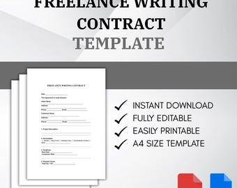 May include: A stack of white paper with a "Freelance Writing Contract Template" design. The text includes "Instant Download", "Fully Editable", "Easily Printable", and "A4 Size Template". PDF and DOC icons are in the bottom right.