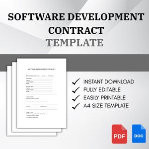 Puede incluir: Un conjunto de documentos de papel blanco con el texto "SOFTWARE DEVELOPMENT CONTRACT TEMPLATE". La imagen también incluye el texto "INSTANT DOWNLOAD", "FULLY EDITABLE", "EASILY PRINTABLE" y "A4 SIZE TEMPLATE". Se ven iconos PDF y DOC.