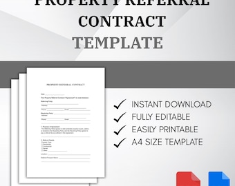 May include: A stack of white Property Referral Contract templates with the title at the top. The image includes the text "Instant Download", "Fully Editable", "Easily Printable", and "A4 Size Template". PDF and DOC icons are also present.
