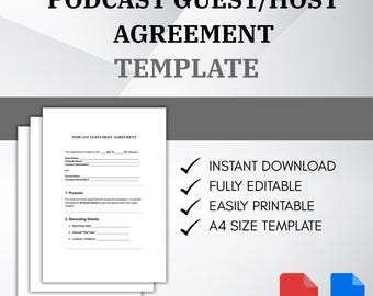 Può includere: Un modello di accordo ospite/host per podcast, stampato su carta bianca. Il testo "DOWNLOAD IMMEDIATO", "COMPLETAMENTE MODIFICABILE", "FACILE DA STAMPARE" e "FORMATO A4" è visibile. Sono presenti anche icone PDF e DOC.