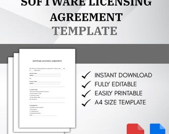 Peut inclure: Une pile de documents papier blancs avec le texte "SOFTWARE LICENSING AGREEMENT TEMPLATE". Comprend "TÉLÉCHARGEMENT INSTANTANÉ", "ENTIÈREMENT MODIFIABLE", "FACILE À IMPRIMER" et "FORMAT A4". Inclut les icônes PDF et DOC.