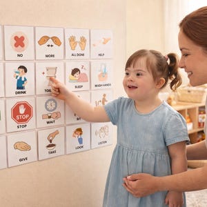 May include: A young girl and an adult woman are looking at a wall of illustrated cards. The cards display simple instructions and actions with text like "Yes," "No," "Eat," and "Drink." The girl is pointing at a card with a toilet symbol.