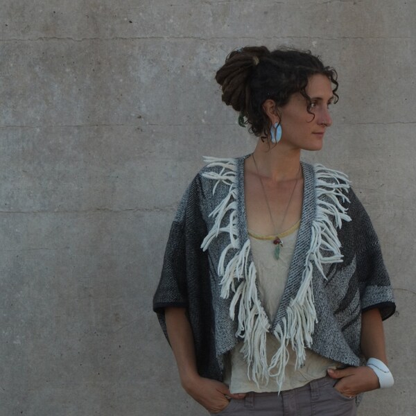 Greyscale Handwoven Alpaca & Merino Sculptural Cloak - Wearable Art Coat