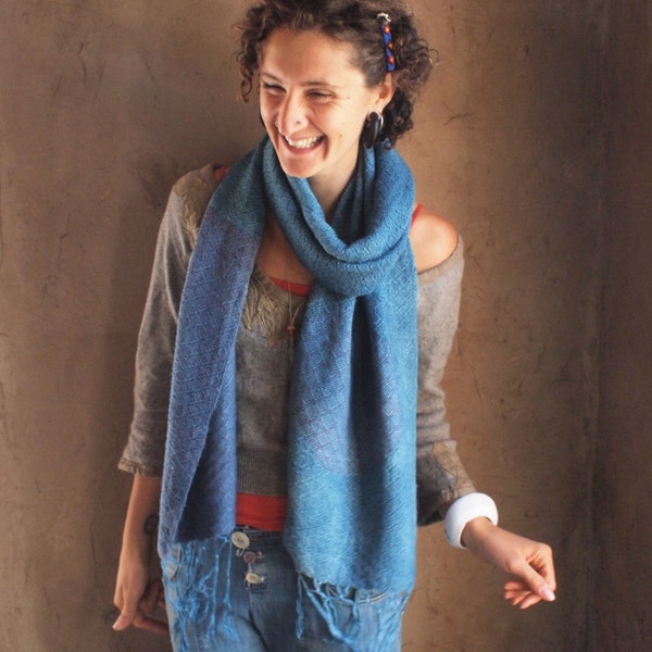 Indigo Diamond - Handwoven Tussah SIlk Ethereal Scarf or Shawl - Natural Dyed With Indigo & Cochineal