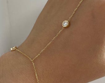 Bracelet chaîne main diamant minimaliste, harnais main lunette en or, bracelet esclave nuptiale délicat, bijoux à la main en diamants cultivés en laboratoire pour femme