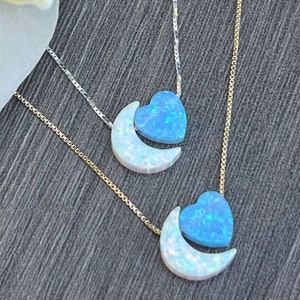 Opal Moon Heart Necklace: Sterling Silver or Gold Filled - I love you to the moon and back