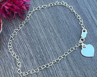 Sterling Silver Heart Chain Bracelet or Anklet with or without Heart Charm- Valentines Day, Mothers Day Gift, I love you -Choose your length