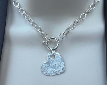 NEW !! Sterling Silver Necklace with Bolt Clasp & Hammered Disk or Heart Charm - Choose your Length and  Charm - Ships out in 1 Day from USA