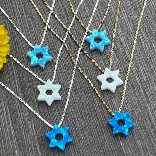 NEW !! Magen David Necklace, Star of David Opal Necklace or Bracelet-Sterling Silver or 14kt Gold Filled-Light Blue, Dark Blue or White