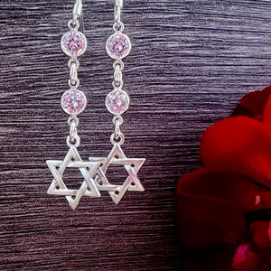 Sterling Silver Star of David  Earrings - Dangle Earrings  - with CZ Bezel Connector