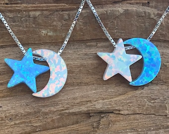 Opal Moon and Star Sterling Silver Necklace