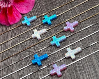 Opal Cross Necklace: Sterling Silver or Gold, Religious Jewelry