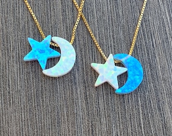 Opal Moon and Star Necklace: 14kt Gold Filled Celestial Jewelry
