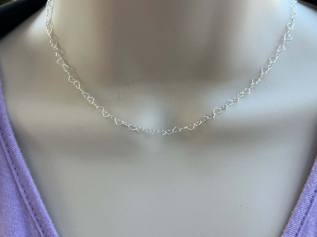 Sterling Silver Heart Chain Necklace or Choker or Lariat Valentines Day, Mothers Day Gift , I