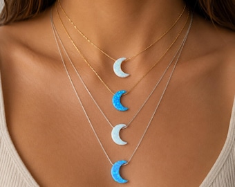 Opal Moon Charm Necklace: Sterling Silver or Gold Filled