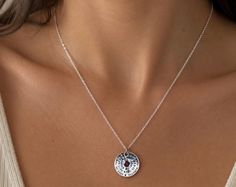 Sterling Silver Friendship Necklace: Quote Disc & Birthstone Charm