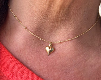 14kt Gold Filled Delicate Choker Necklace - With or Without Heart - Adjustable Length ,Satellite Chain, Minimalist Style -Ships out from USA