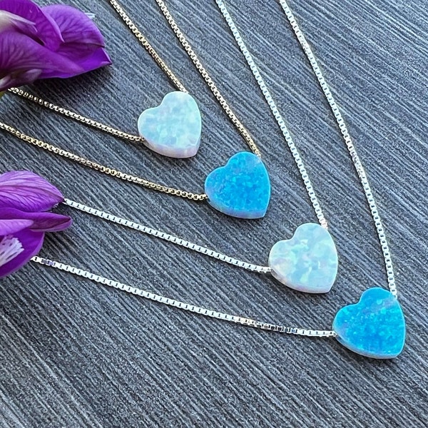 Heart Charm Necklace - 8mm Opal Heart on a Sterling Silver or 14kt Gold Filled - Choose your length - NEW !!!!