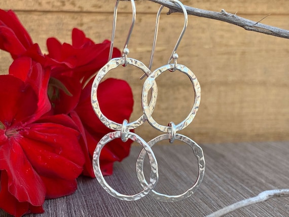 Hammered Sterling Silver Dangle Earrings - Eternity Circle Hoops